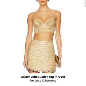 For Love & Lemons Gold Glitter Bustier Top and Skirt Set